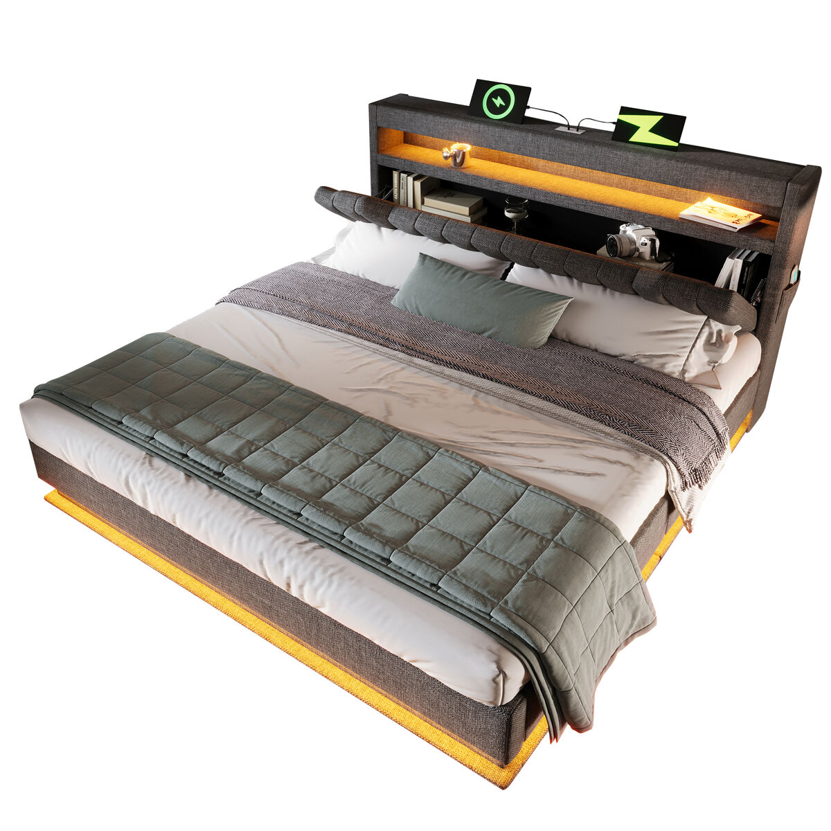 Cama de casal de linho 180x200cm com armazenamento e luz led,cinzento