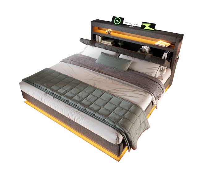 Cama de casal de linho 180x200cm com armazenamento e luz led,cinzento