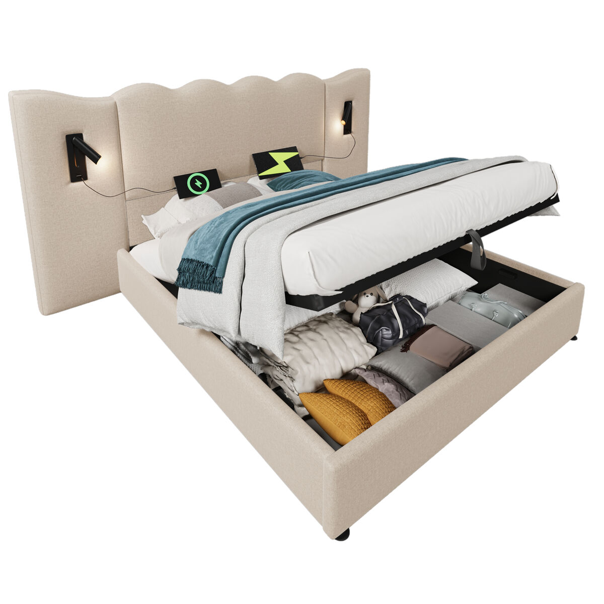 Cama de casal de linho 160x200cm com armazenamento,bege