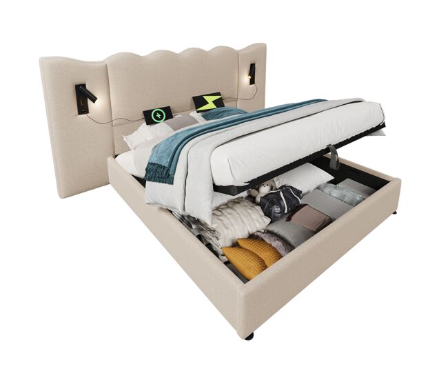 Cama de casal de linho 160x200cm com armazenamento,bege