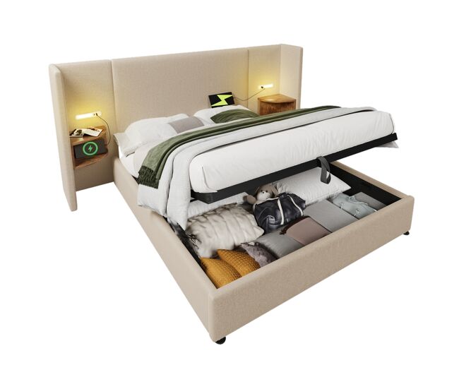 Cama de casal de linho 160x200cm com armazenamento e luz led,bege