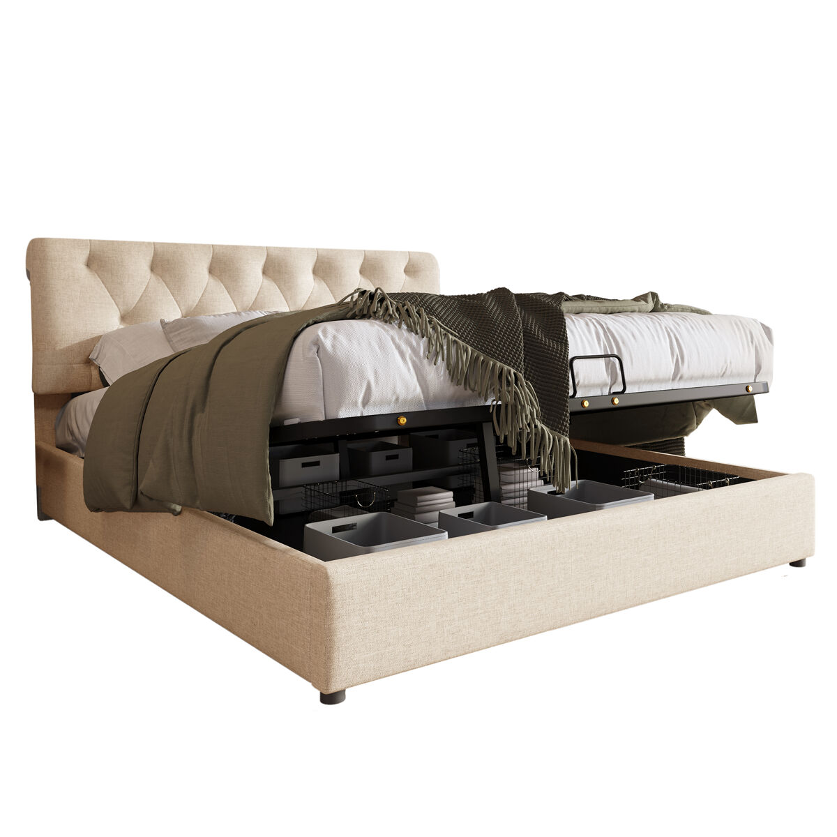 Cama de casal de linho 140x200cm com armazenamento,natural