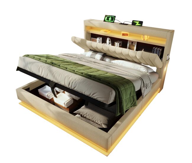 Cama de casal de linho 160x200cm com armazenamento e luz led,bege