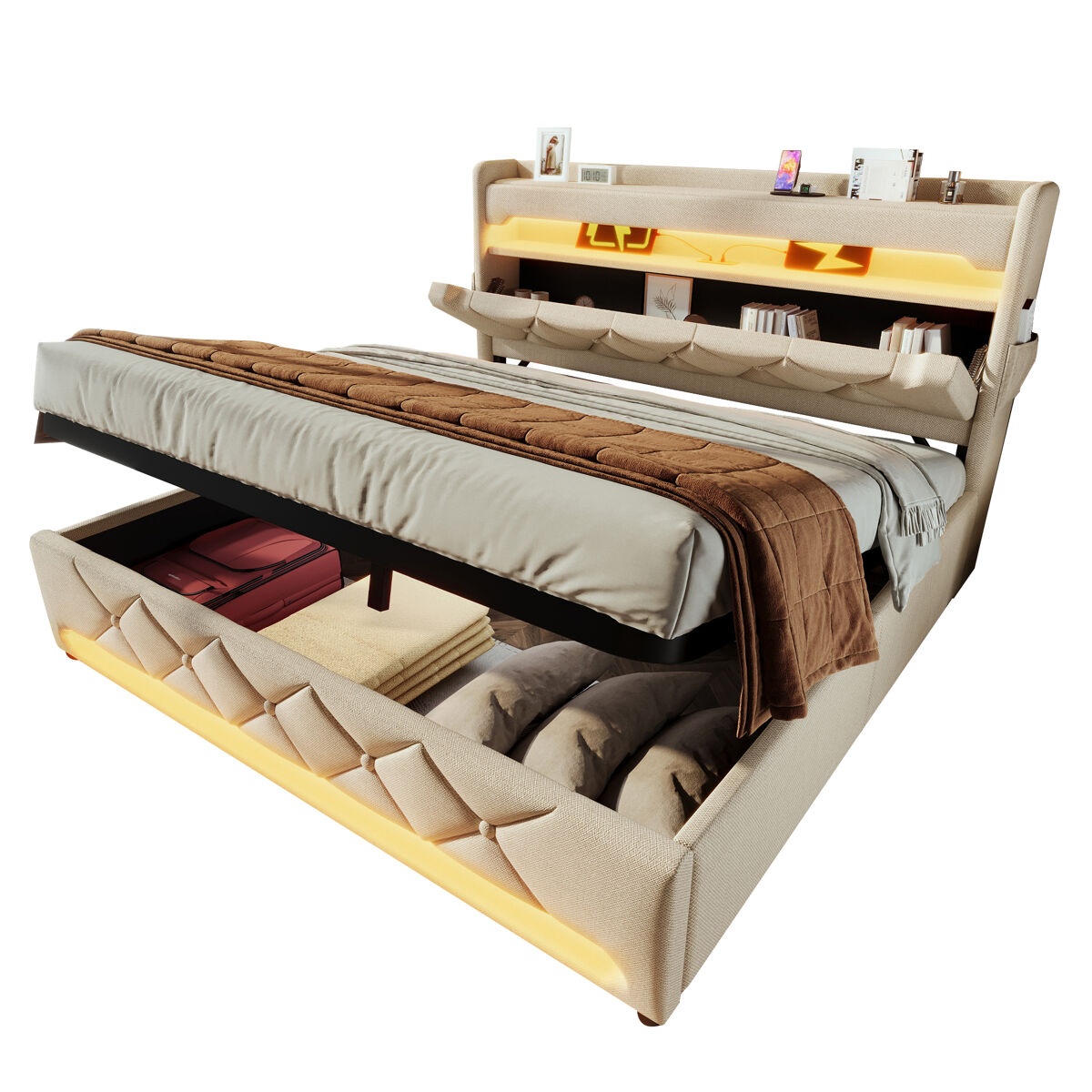 Cama de casal de linho 180x200cm com armazenamento e luz led,bege