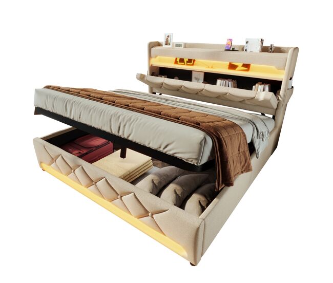 Cama de casal de linho 180x200cm com armazenamento e luz led,bege