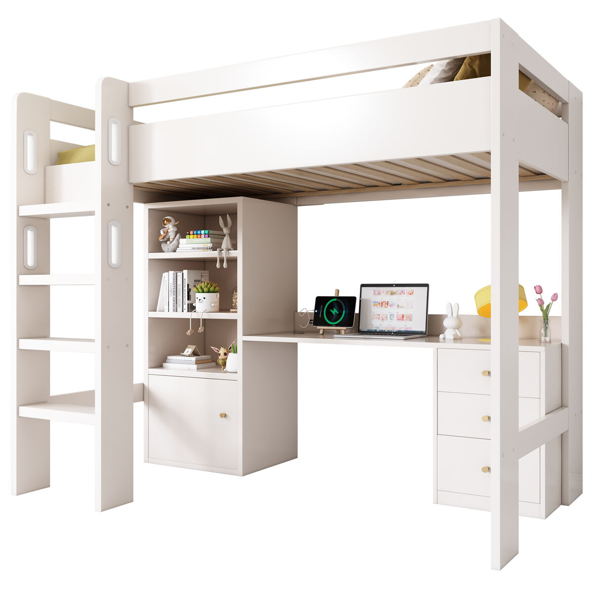 Cama alta para crianças,cama de solteiro de mdf e panel de partículas 90x200cm com 3 gavetas,branco