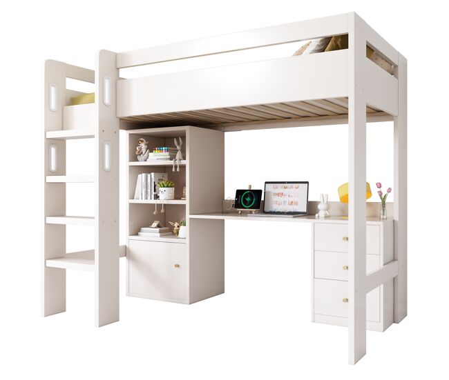 Cama alta para crianças,cama de solteiro de mdf e panel de partículas 90x200cm com 3 gavetas,branco