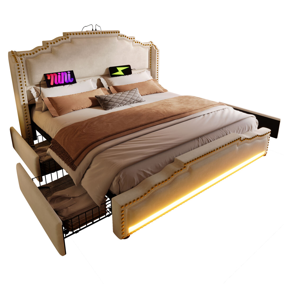 Cama de casal de veludo 160x200cm com 4 gavetas e luz led,bege
