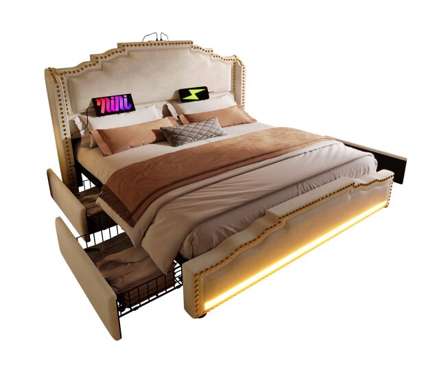 Cama de casal de veludo 160x200cm com 4 gavetas e luz led,bege