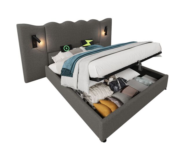 Cama de casal de linho 180x200cm com armazenamento,cinzento