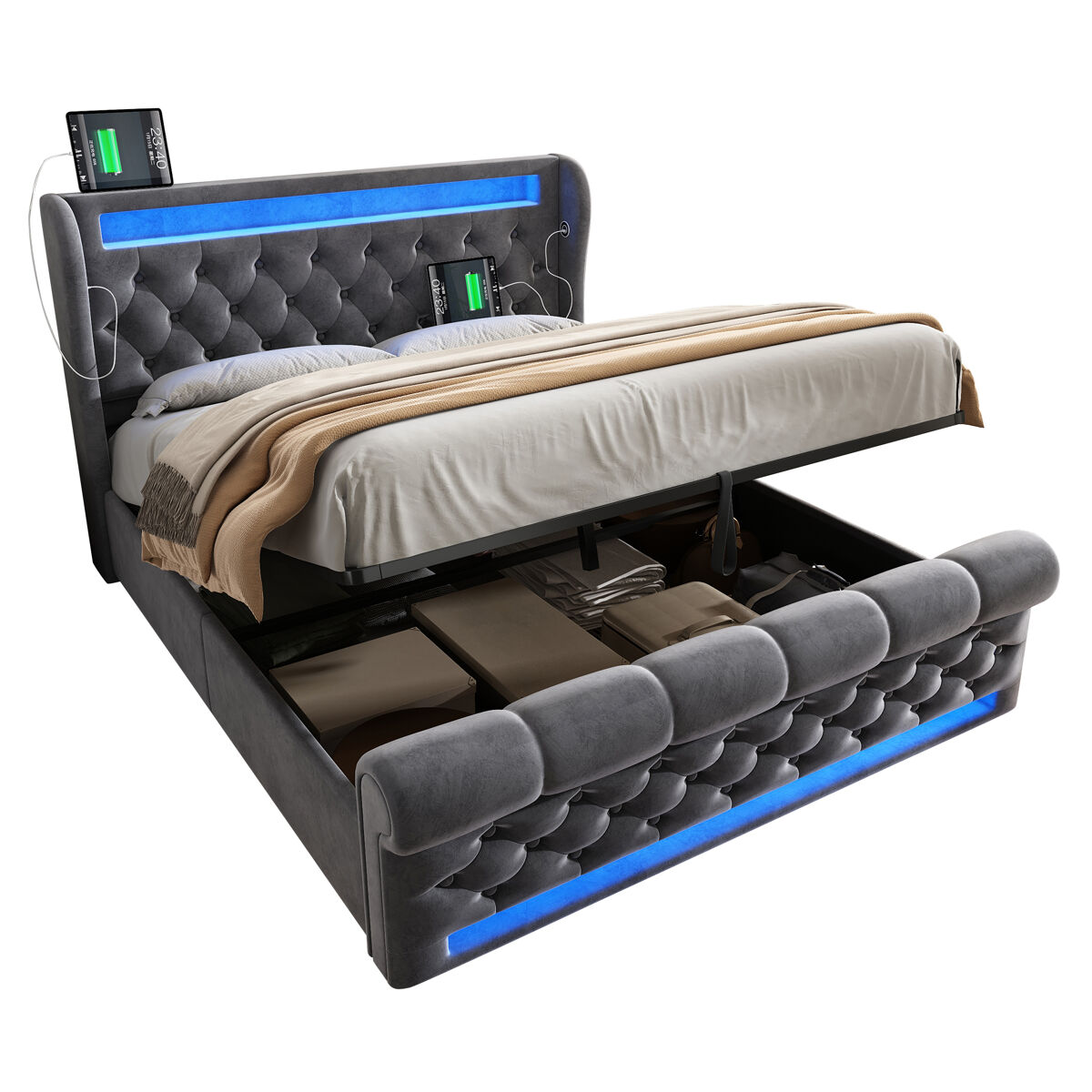 Cama de casal de veludo 140x200cm com armazenamento e luz led,cinzento