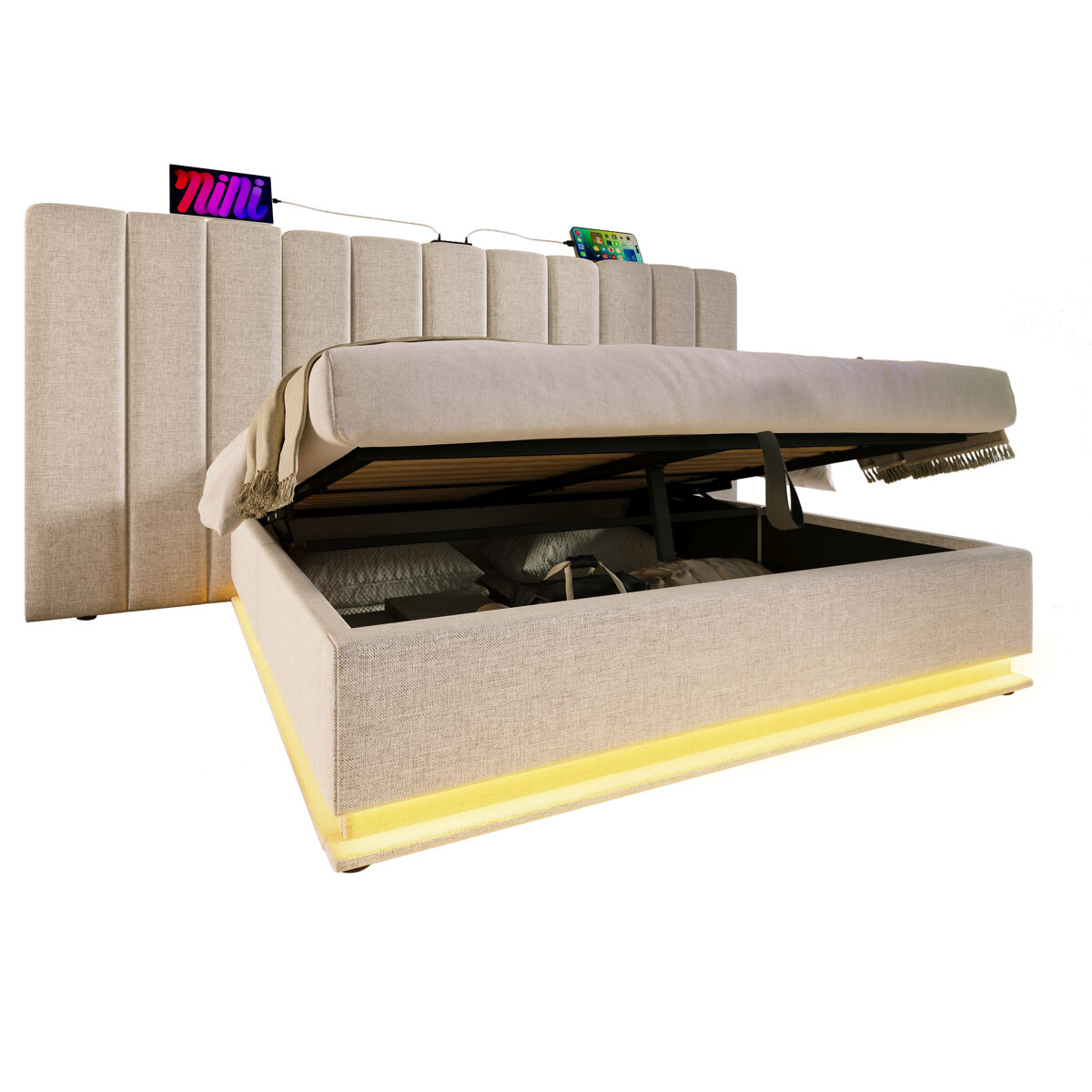Cama de casal de linho 160x200cm com armazenamento e luz led,bege
