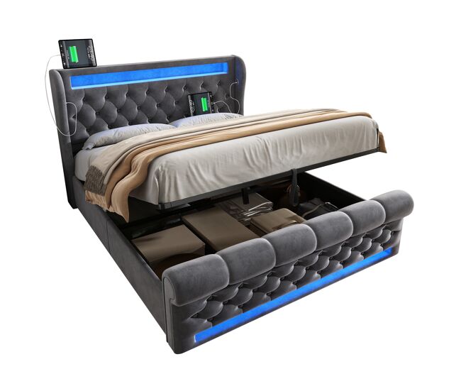 Cama de casal de veludo 160x200cm com armazenamento e luz led,cinzento