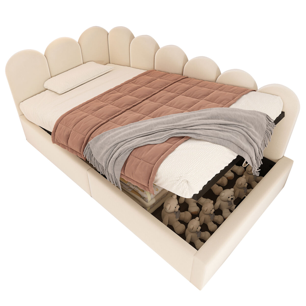 Cama de solteiro de veludo 90x190cm com armazenamento,bege