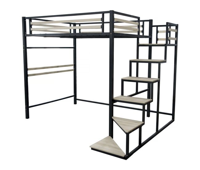 Cama alta de metal com escadas "lena" - 140 x 200 cm - noire -