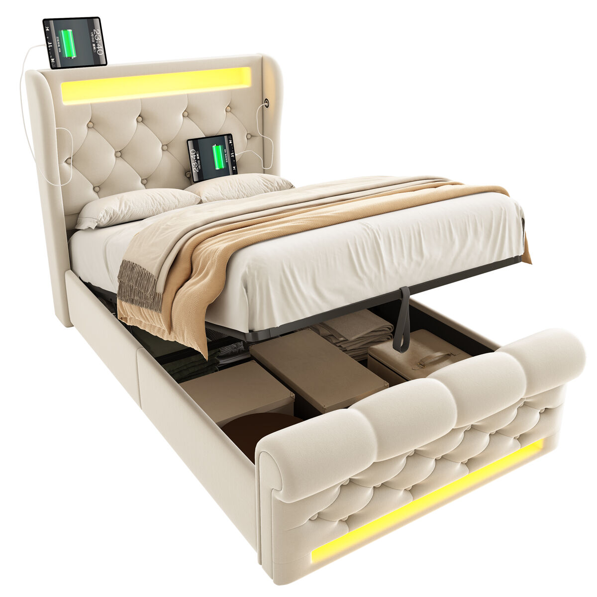Cama de solteiro de veludo 90x200cm com armazenamento e luz led,bege
