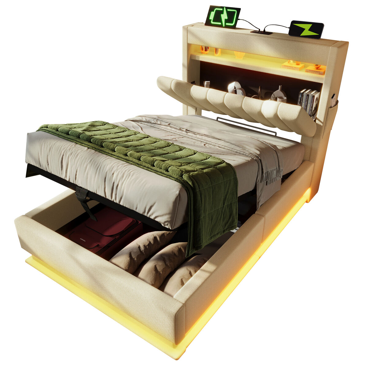 Cama de solteiro de linho com armazenamento 92x218
