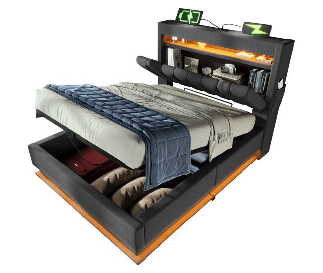 Cama de solteiro de linho 90x200cm com armazenamento e luz led,cinzento