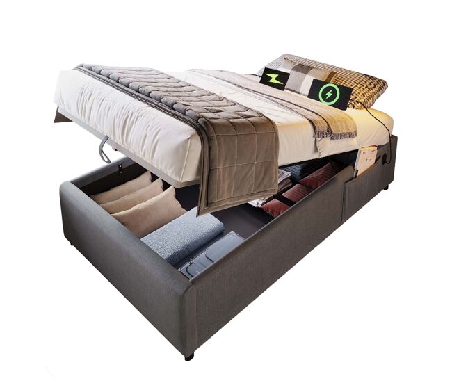Cama de solteiro de algodão e linho 90x190cm com armazenamento,cinzento