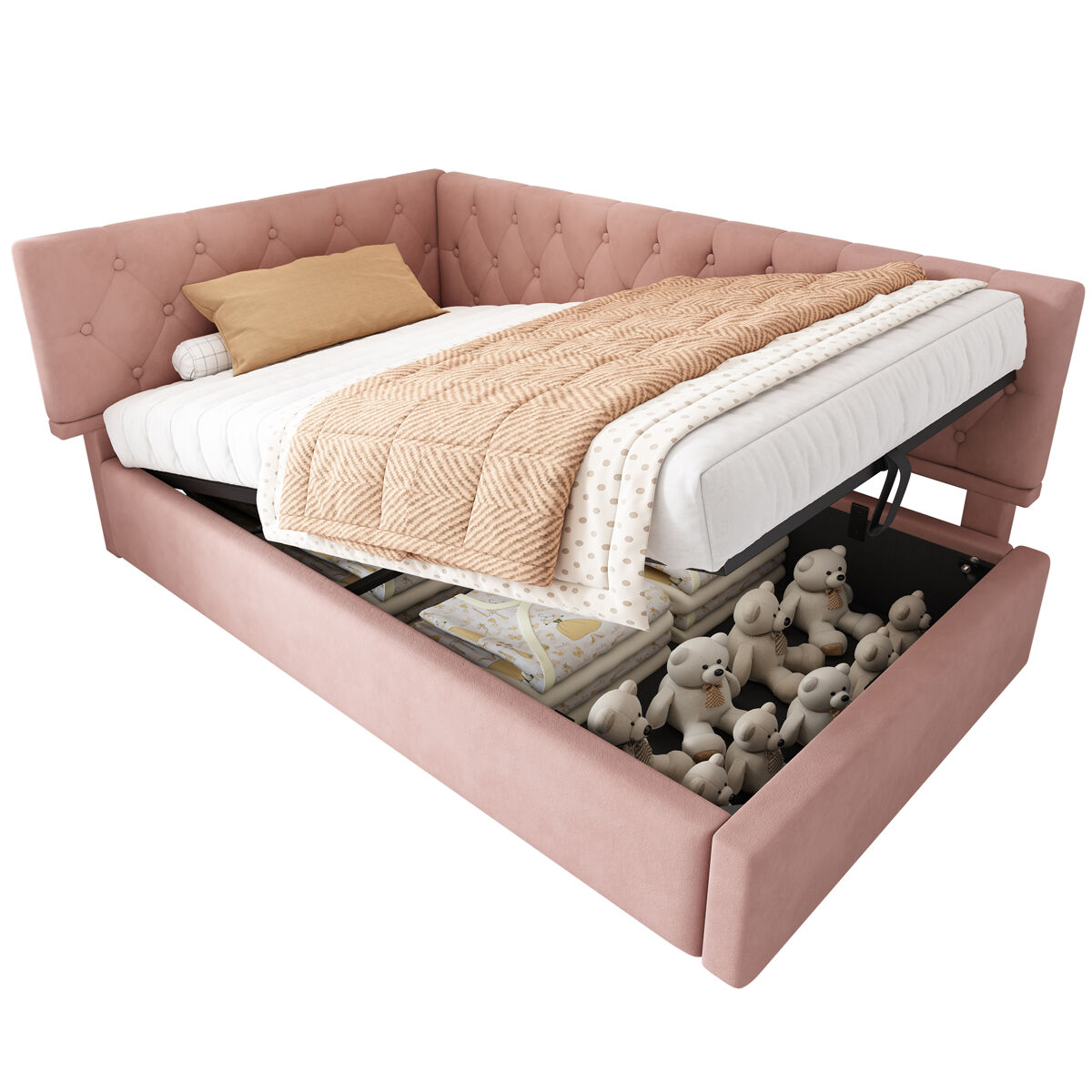 Cama de solteiro de veludo 90x200cm com armazenamento,rosa