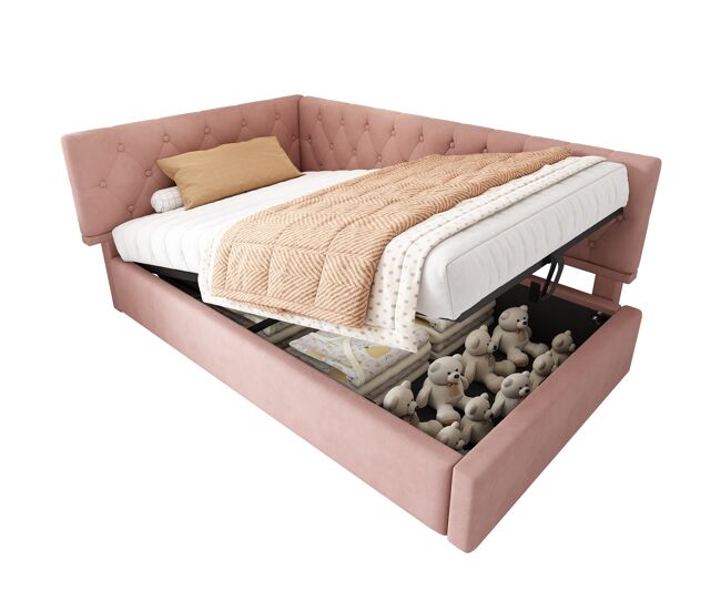 Cama de solteiro de veludo 90x200cm com armazenamento,rosa