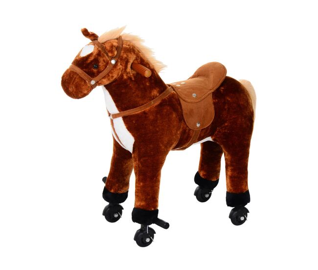 Homcom cavalo de brinquedo para crianças de +3 anos cavalo de brinquedo com rodas sons e estrutura de metal carga 60kg 65x28x75 cm castanho