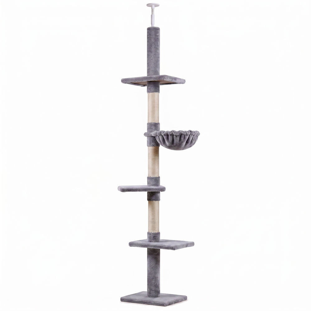 Pawhut árvore arranhadora para gatos arranhador para fixar ao teto altura ajustável com plataformas poste de sisal 40x34x230-260cm cinza