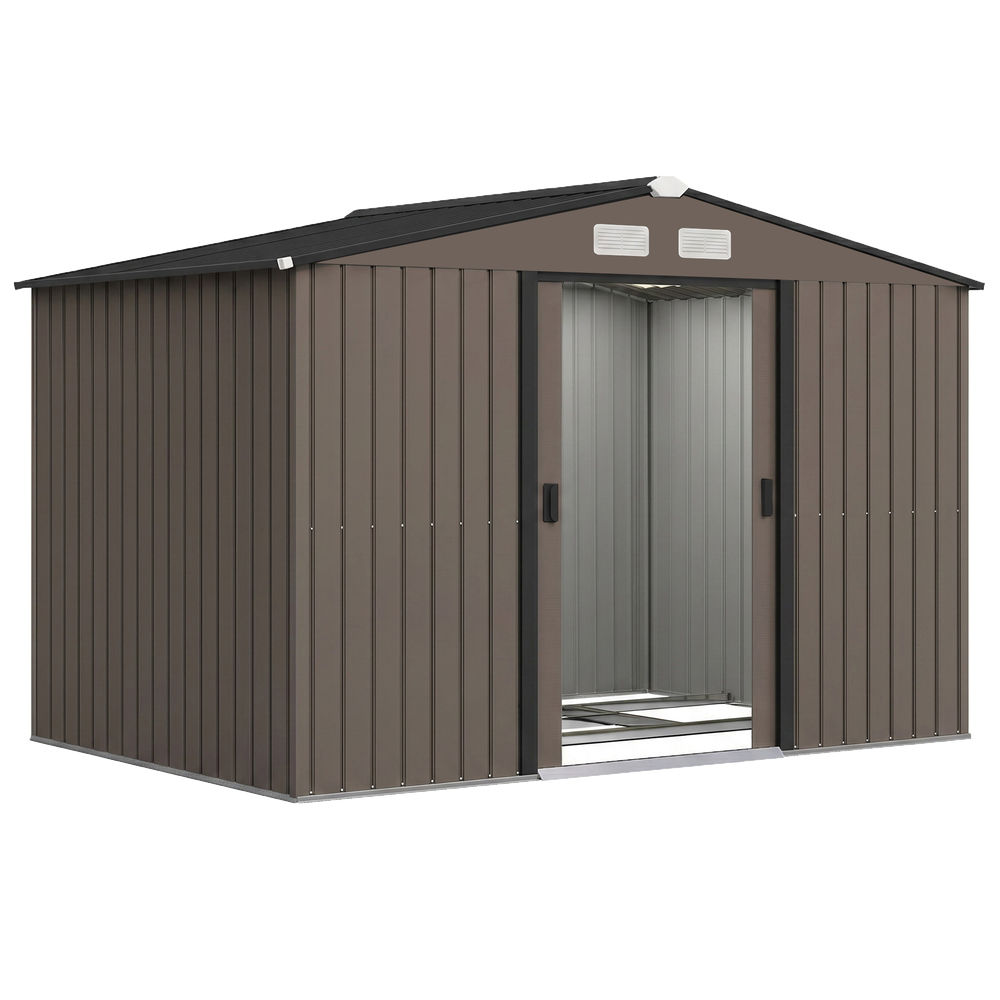 Outsunny abrigo de jardim exterior abrigo e jardim metálico para armazenamento de ferramentas com base incluída e 4 janelas 277x195x192 cm madeira