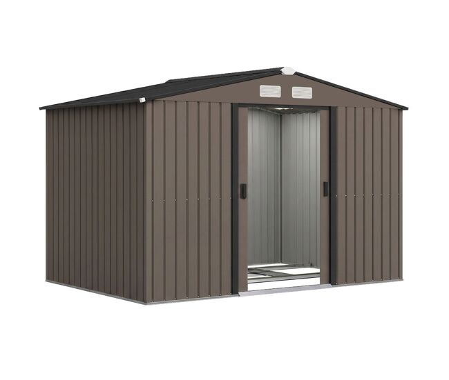 Outsunny abrigo de jardim exterior abrigo e jardim metálico para armazenamento de ferramentas com base incluída e 4 janelas 277x195x192 cm madeira