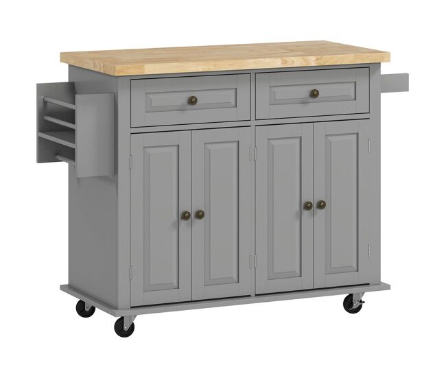 Homcom ilha de cozinha com rodas móvel auxiliar de cozinha com 2 gavetas 4 portas suporte para temperos e barra lateral 111x44,5x82,5 cm cinzento e