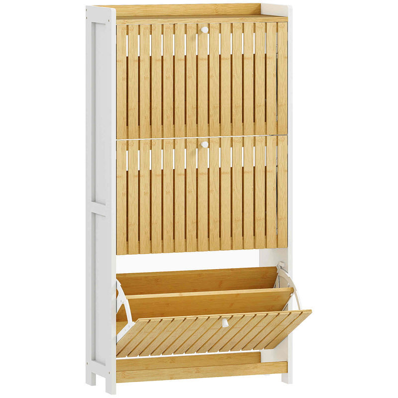 Homcom sapateira estreita com 3 portas de bambu em ripas móvel sapateira com prateleiras ajustáveis para 18 pares de sapatos 60x24x118 cm branco e