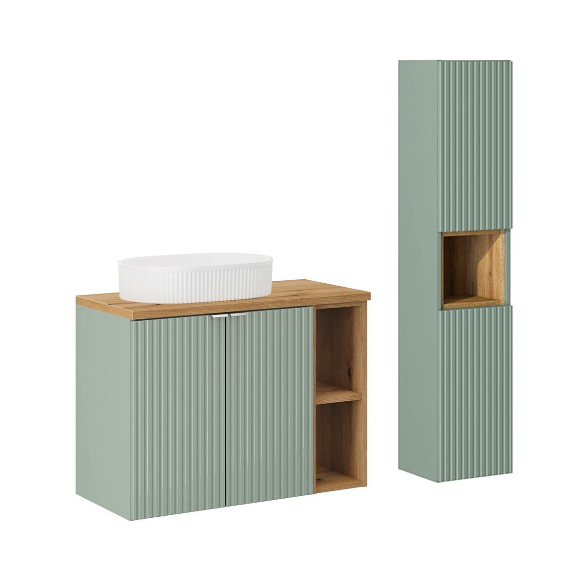 Móvel de lavatório simples 80cm 2 portas 2 nichos e enceinte verde jade e madeira