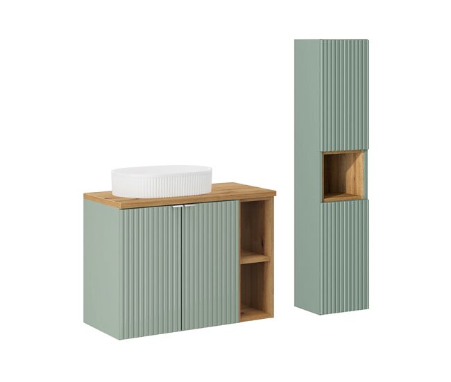 Móvel de lavatório simples 80cm 2 portas 2 nichos e enceinte verde jade e madeira