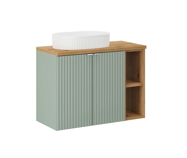 Móvel de lavatório simples 80cm 2 portas 2 nichos verde jade e madeira