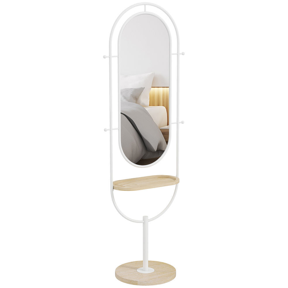 Homcom espelho de pé 50x175,5 cm espelho de corpo inteiro com bandeja de madeira 4 ganchos e estrutura de metal para sala de estar quarto 50x40x175,5 cm branco