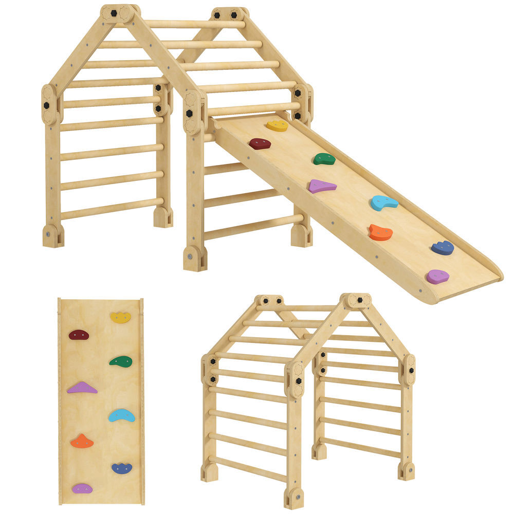 Aiyaplay 3 em 1 estrutura de escalada montessori dobrável em madeira para enfants dos 18 aos 48 meses com rampa para escorregar ou trepar 175x70x89 cm multicolor