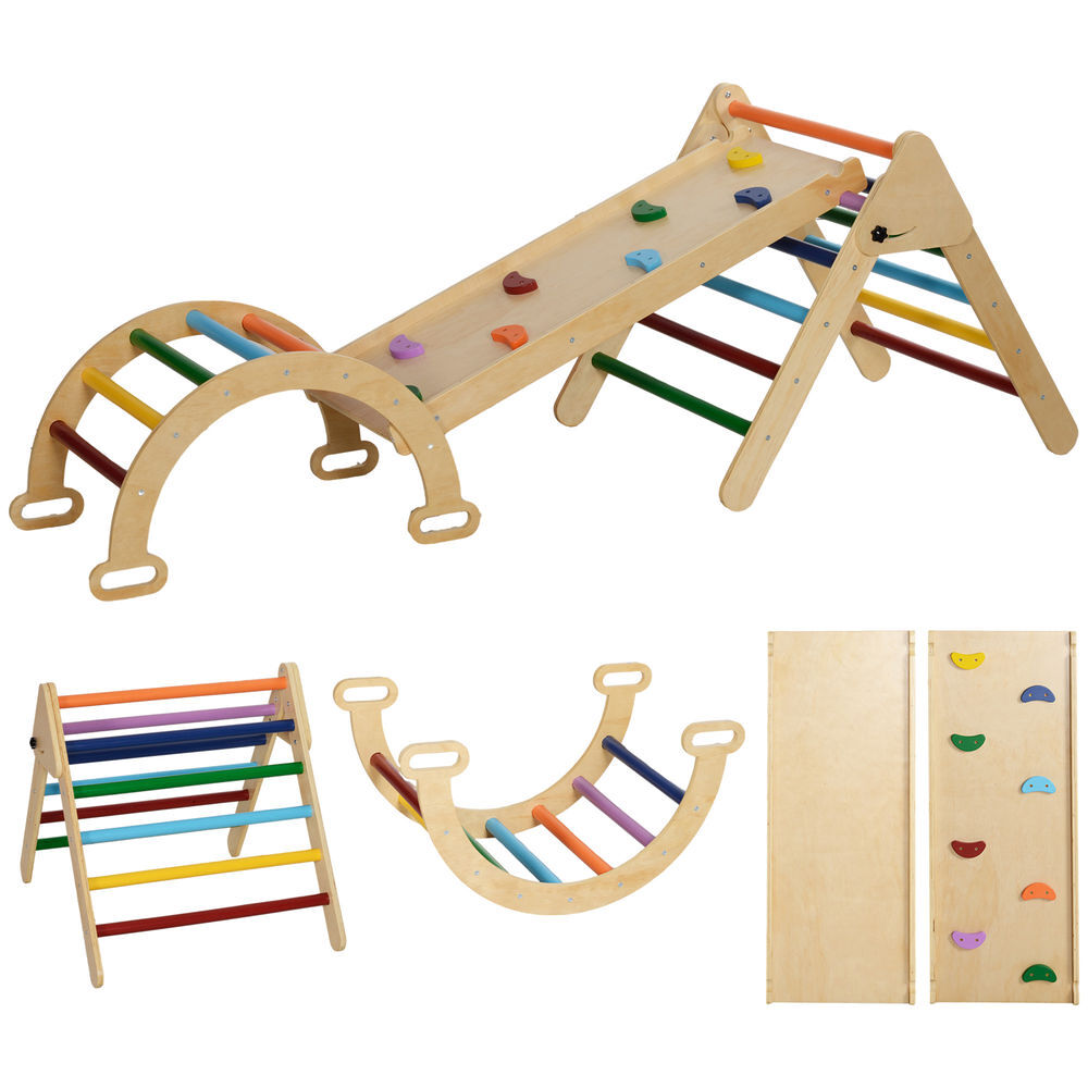 Aiyaplay triângulo de escalada de madeira 5 em 1 escada para enfants de 18-48 meses com rampa e arco de escalada para deslizar ou escalar 178x64,5x63 cm multicor