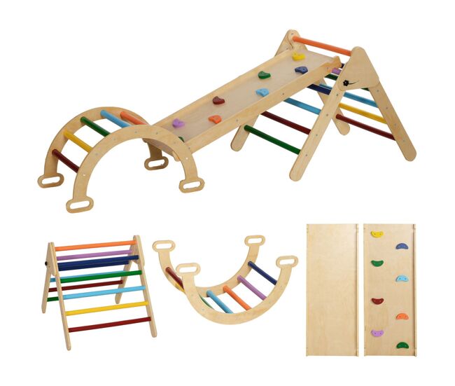 Aiyaplay triângulo de escalada de madeira 5 em 1 escada para enfants de 18-48 meses com rampa e arco de escalada para deslizar ou escalar 178x64,5x63 cm multicor