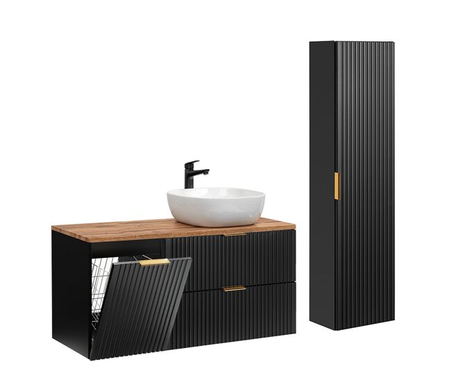 Móvel de lavatório simples 120cm cesto para roupa suja e coluna adriel preto e madeira
