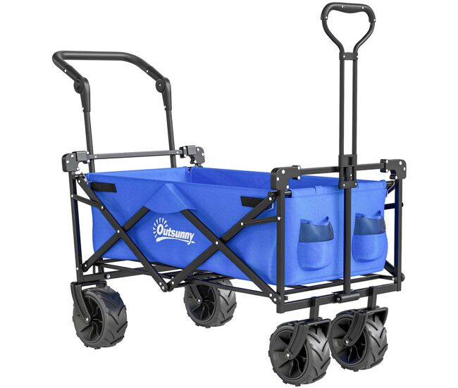 Outsunny carrinho de transporte dobrável para praia campismo viajem com toldo guiador rodas altura ajustável carga máxima 68kg 117x55x98 cm azul