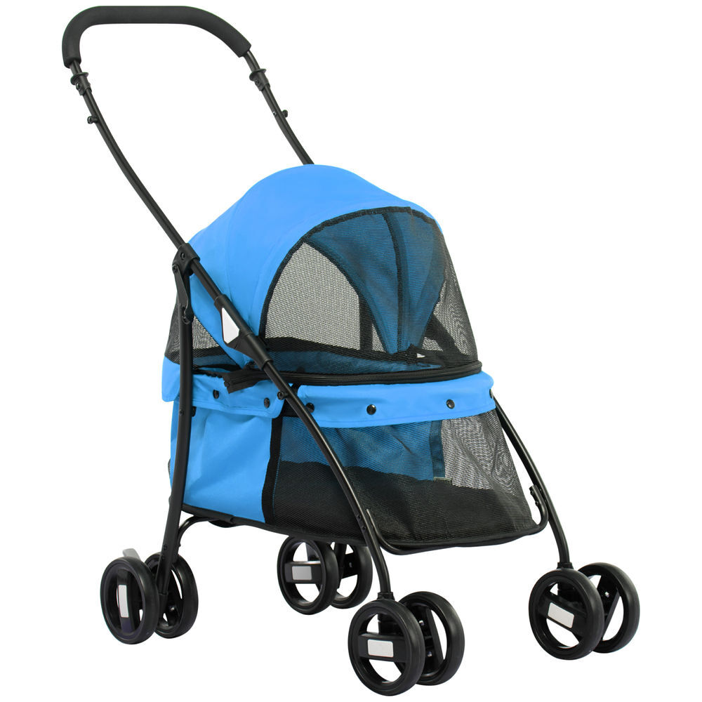 Pawhut carrinho para animais de estimação dobrável carrinho de passeio para cães e gatos com janela de malha almofada lavável arnês de segurança e