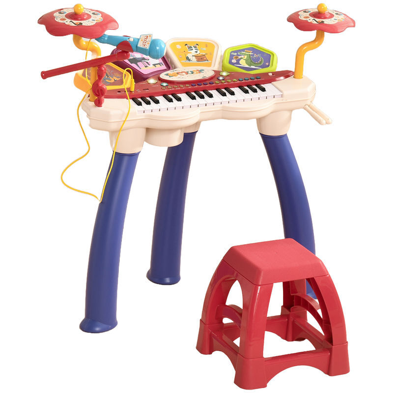 Aiyaplay piano eletrónico para enfants com 32 teclas piano infantil 2 em 1 com microfone banco luzes 19 músicas bateria e volume ajustável 74x32,2x71 cm multicor