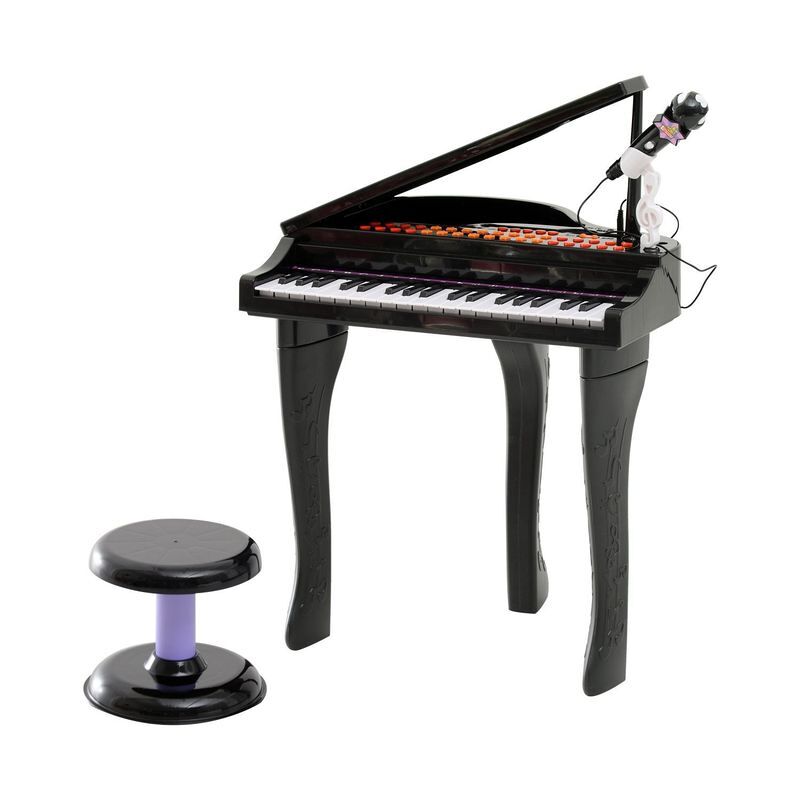 Homcom piano para crianças com 37 teclas piano infantil com microfone banco luzes 22 músicas e entrada para mp3 e usb 48x39x69 cm preto