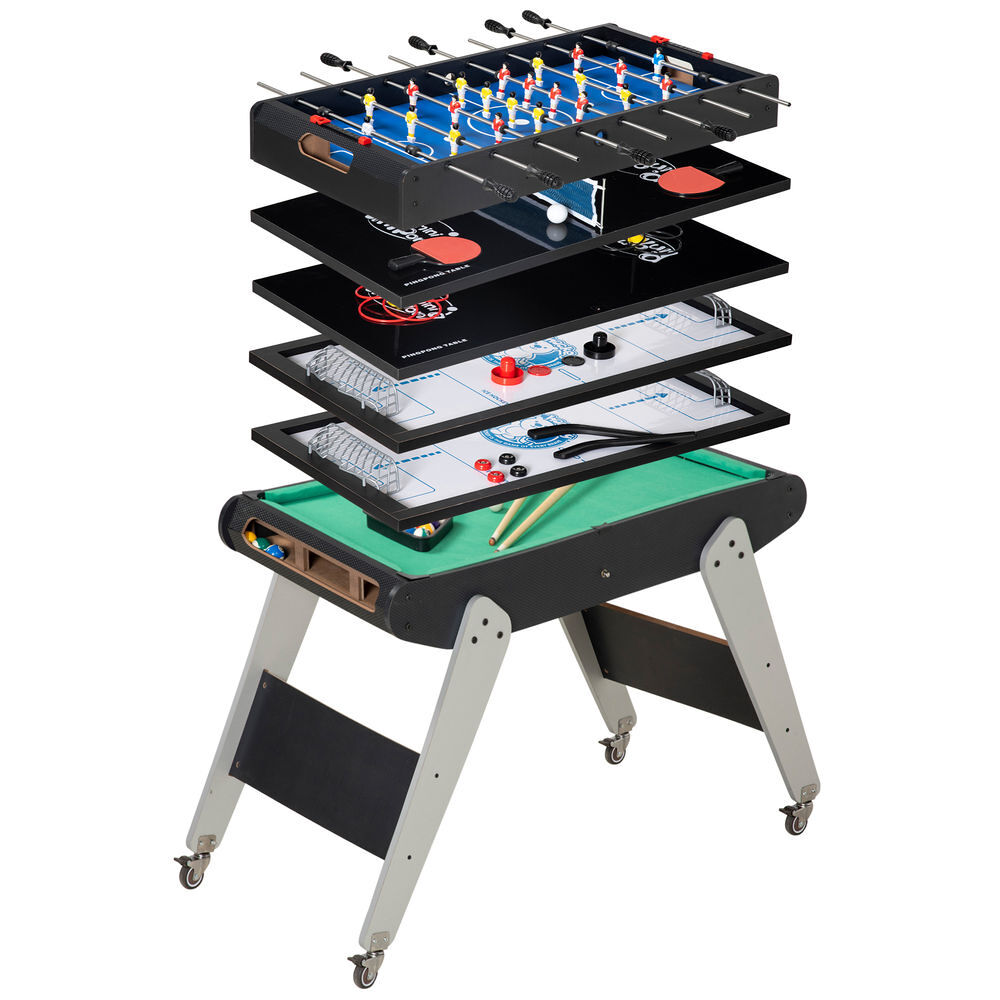 Homcom mesa multi jogos para crianças acima de 7 anos mesa de jogos 6 em 1 com rodas bilhar matraquilho ping pong lançamento de anéis hóquei com bastão e hóquei com discos 120x88x79cm multicor