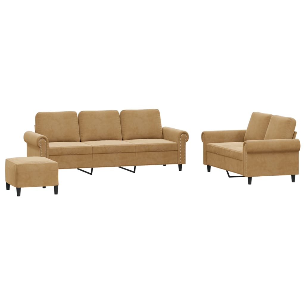 Vidaxl 3 pcs conjunto de sofás com almofadões veludo castanho