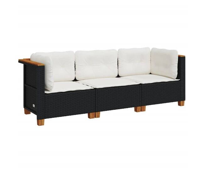 Vidaxl sofá de jardim 3 lugares com almofadões vime pe preto