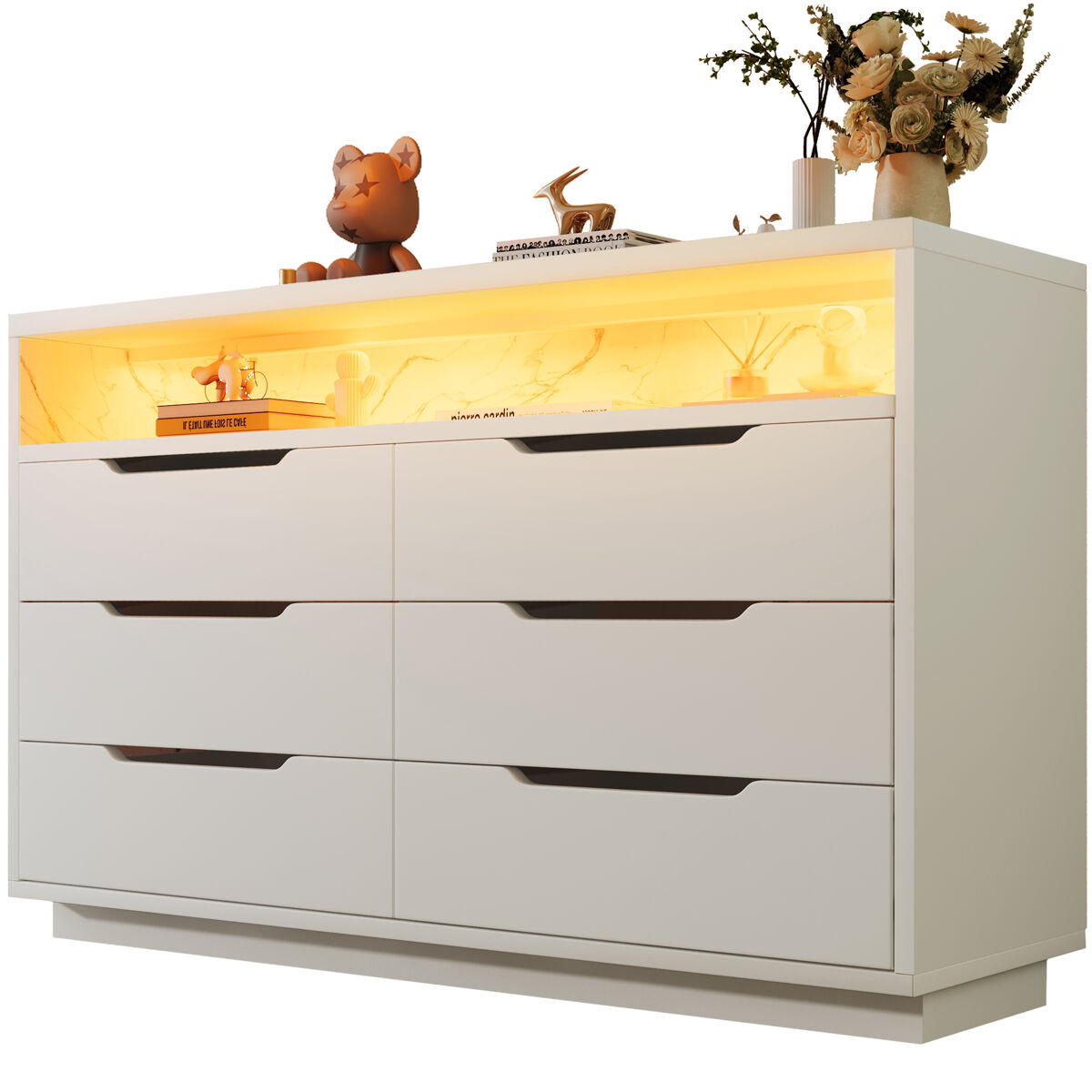 Cômoda de painel de partículas com luz led e 6 gavetas,branco