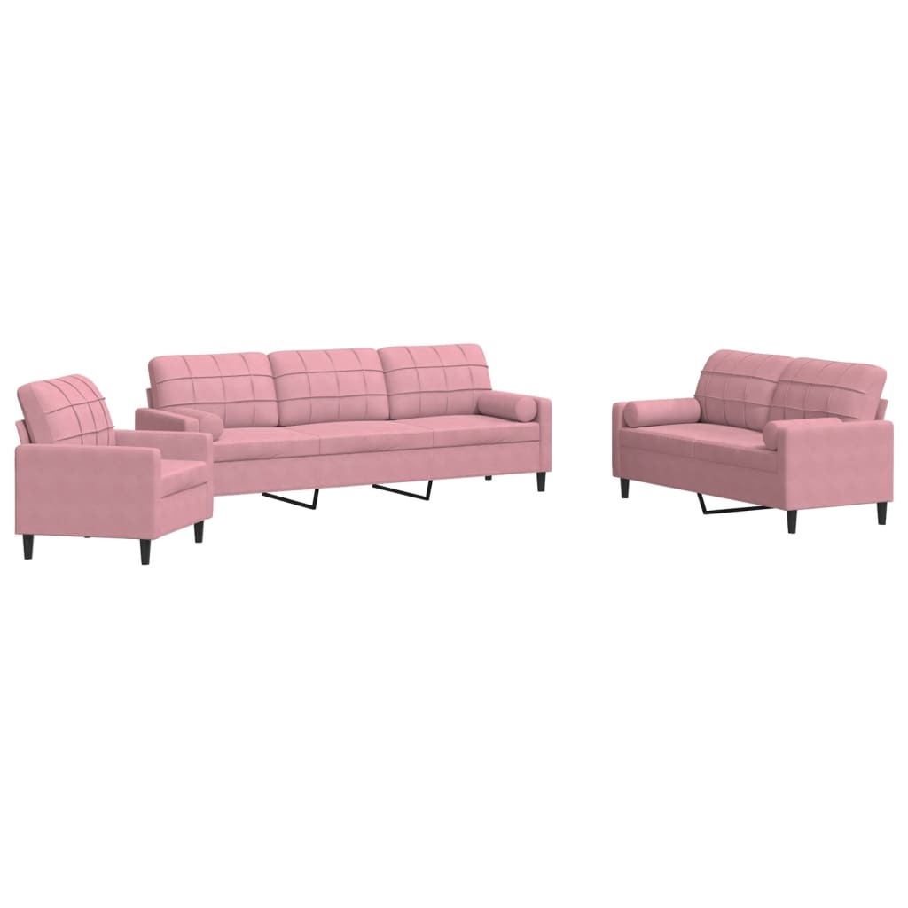 Vidaxl 3 pcs conjunto de sofás com almofadões e rolos veludo rosa
