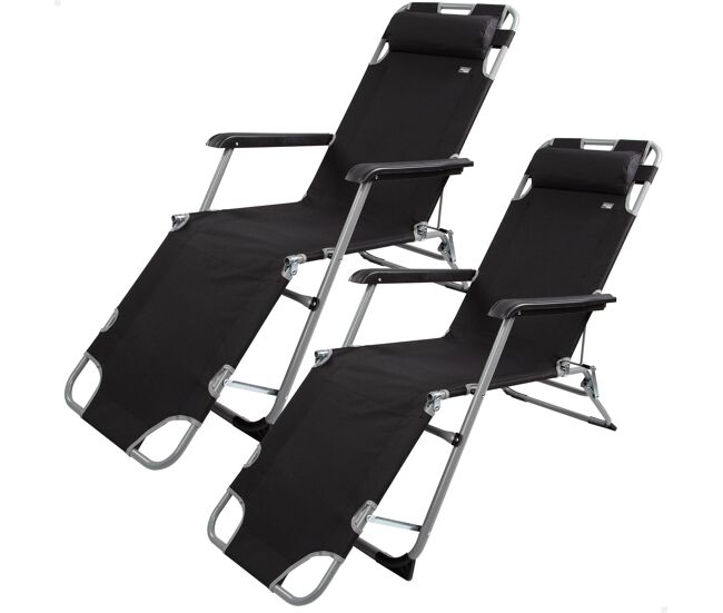 Pack de 2 espreguiçadeiras dobráveis de jardim de 3 posições pretas c/almofada aktive