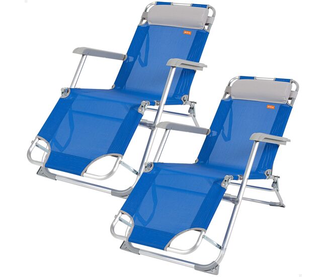 Pack 2 espreguiçadeiras de praia dobráveis 3 posições azul c/almofada aktive